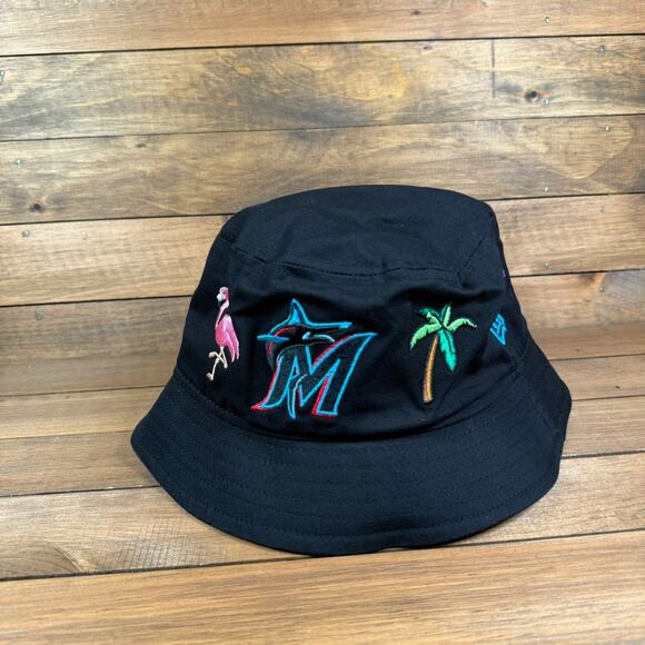 Miami Marlins New Era Bucket Hat Black Embroidered Florida Flamingo Small/Med - Picture 1 of 8